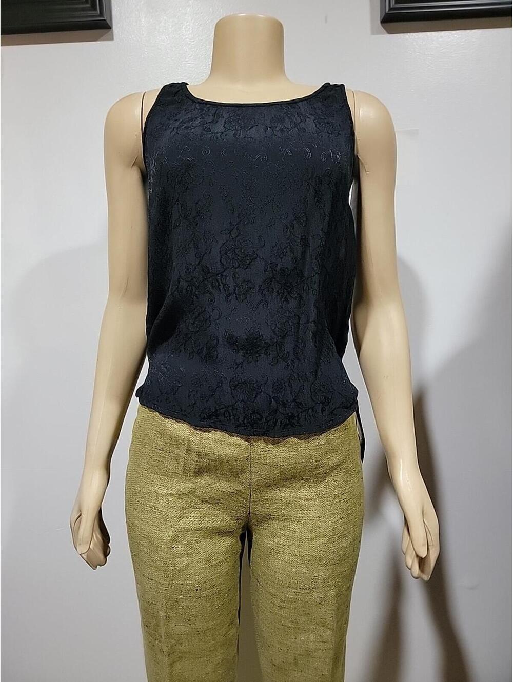 PUTUMAYO Vtg. Women's Top Size S Black Jacquard Rayon Floral Sleeveless Tank #C